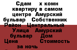Сдам 2- х комн квартиру в самом центре  Амурский бульвар 3 Собственник › Район ­ Центральный  › Улица ­ Амурский бульвар  › Дом ­ 3 › Цена ­ 1 600 › Стоимость за ночь ­ 1 600 › Стоимость за час ­ 100 - Хабаровский край, Хабаровск г. Недвижимость » Квартиры аренда посуточно   